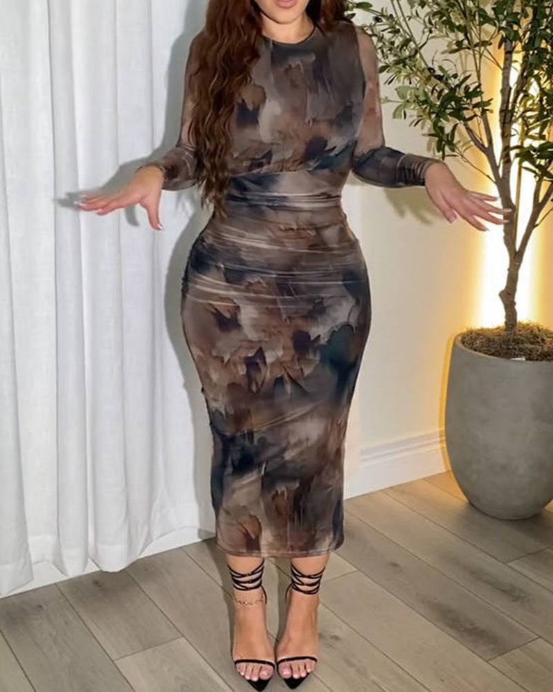 Tie Dye Mesh Long Sleeve Bodycon Midi Dress