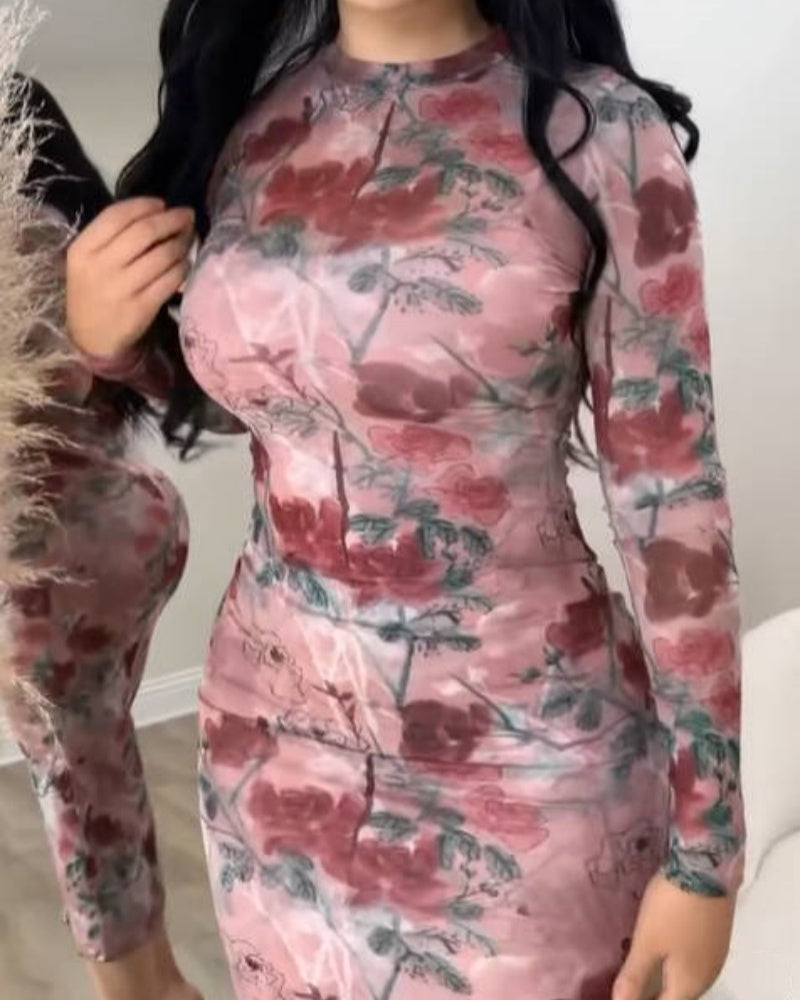 Tie Dye Mesh Long Sleeve Bodycon Midi Dress