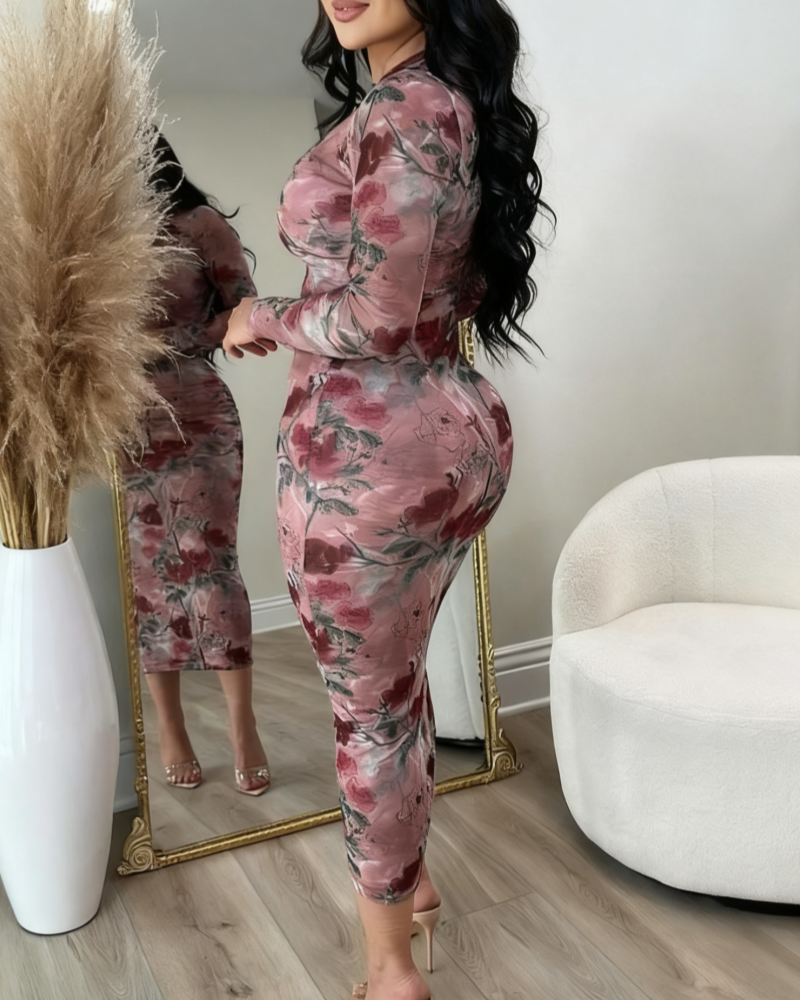 Tie Dye Mesh Long Sleeve Bodycon Midi Dress