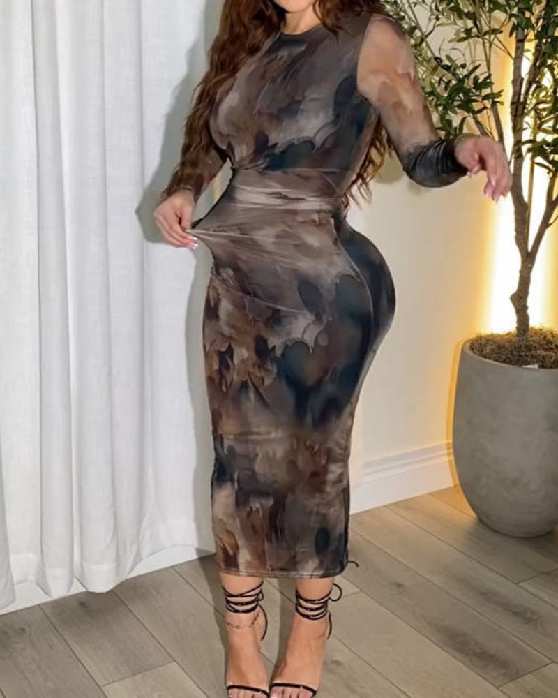 Tie Dye Mesh Long Sleeve Bodycon Midi Dress