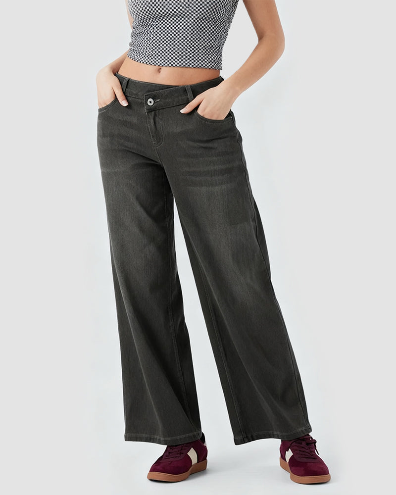 Asymmetric Low Rise Zipper Pockets Baggy Wide Leg Washed Casual Jeans