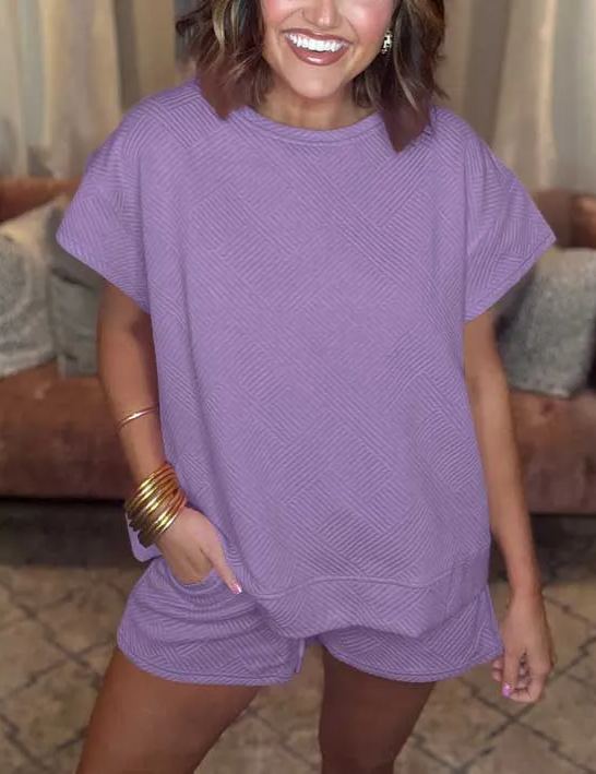 Women's Solid Textured Drawstring Shorts Set