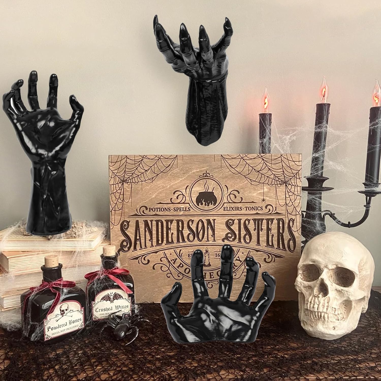 Life-Size Creepy Hands Wall Decor – 3-Piece Set with LED Candles for Gothic Halloween