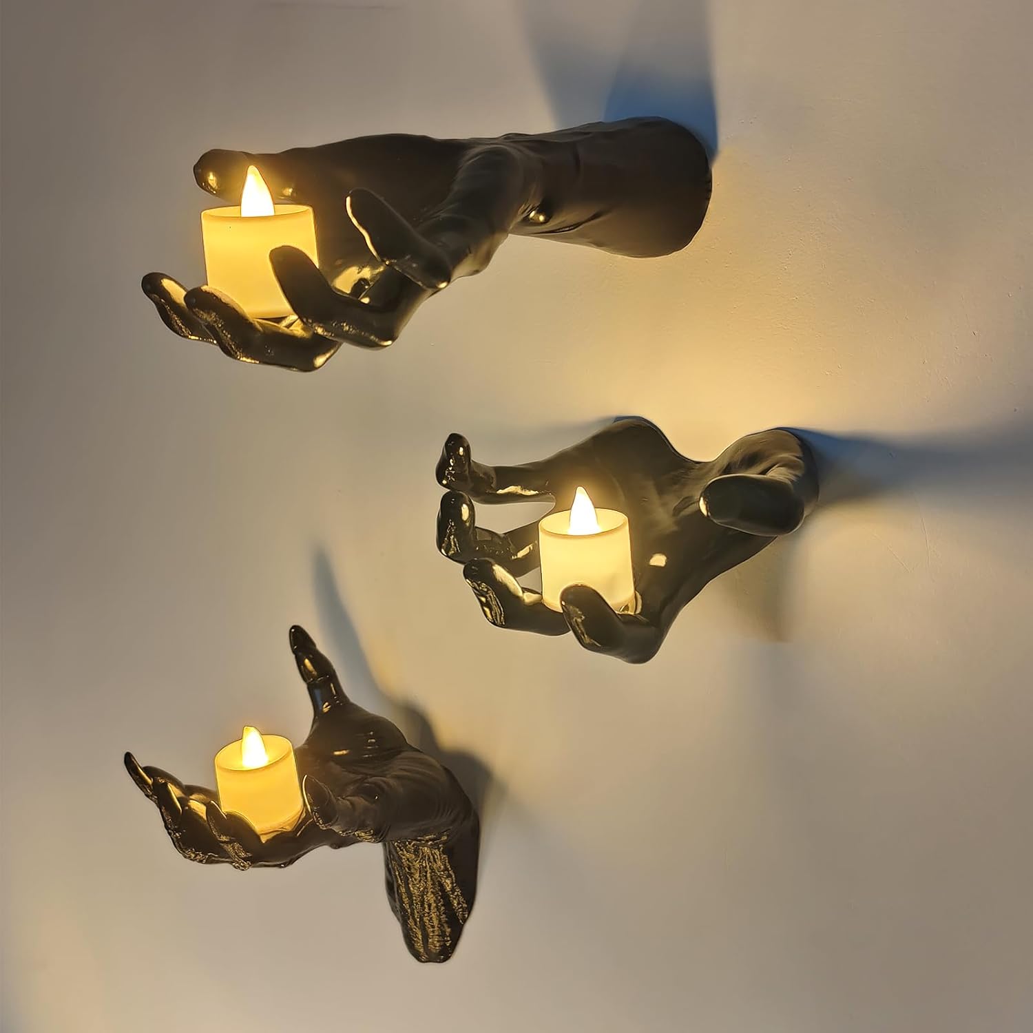 Life-Size Creepy Hands Wall Decor – 3-Piece Set with LED Candles for Gothic Halloween