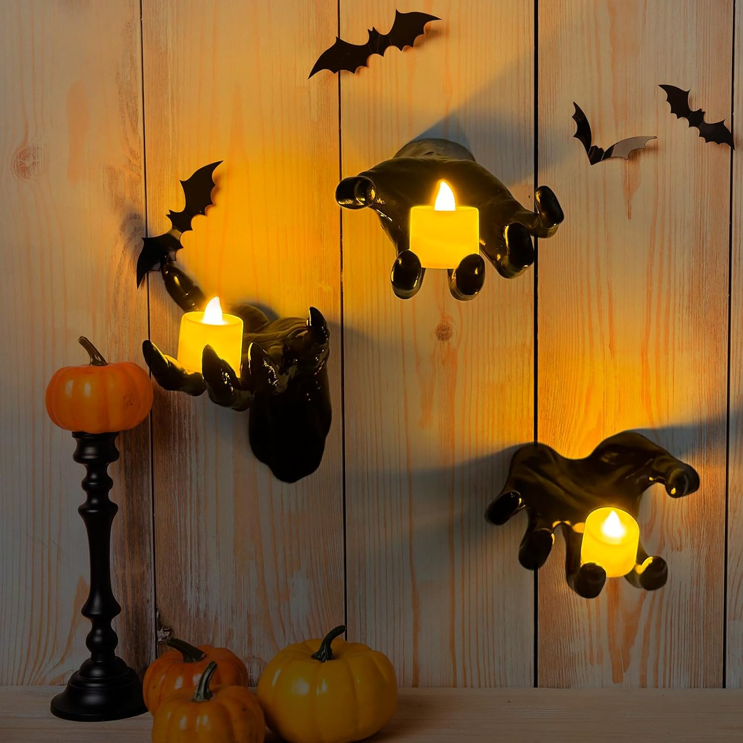 Life-Size Creepy Hands Wall Decor – 3-Piece Set with LED Candles for Gothic Halloween