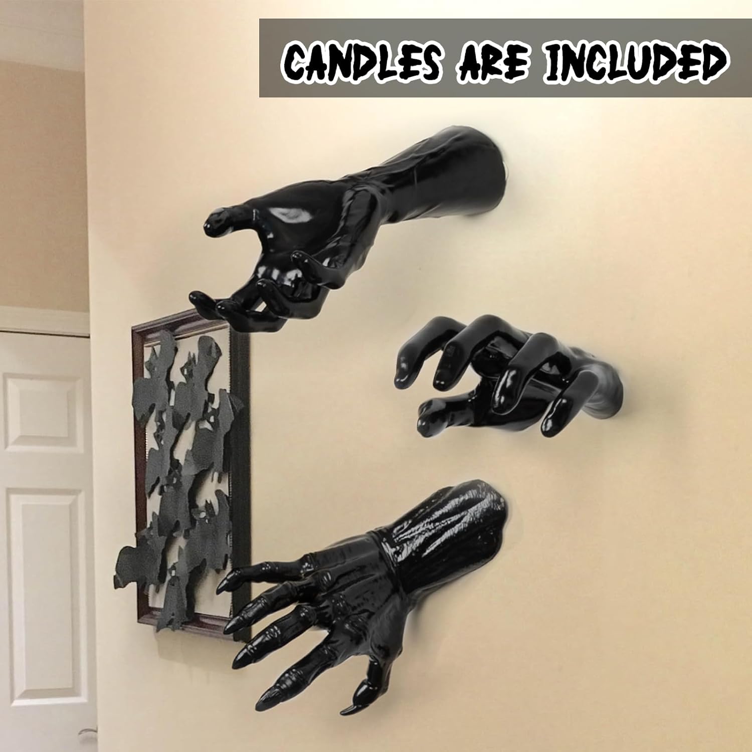 Life-Size Creepy Hands Wall Decor – 3-Piece Set with LED Candles for Gothic Halloween