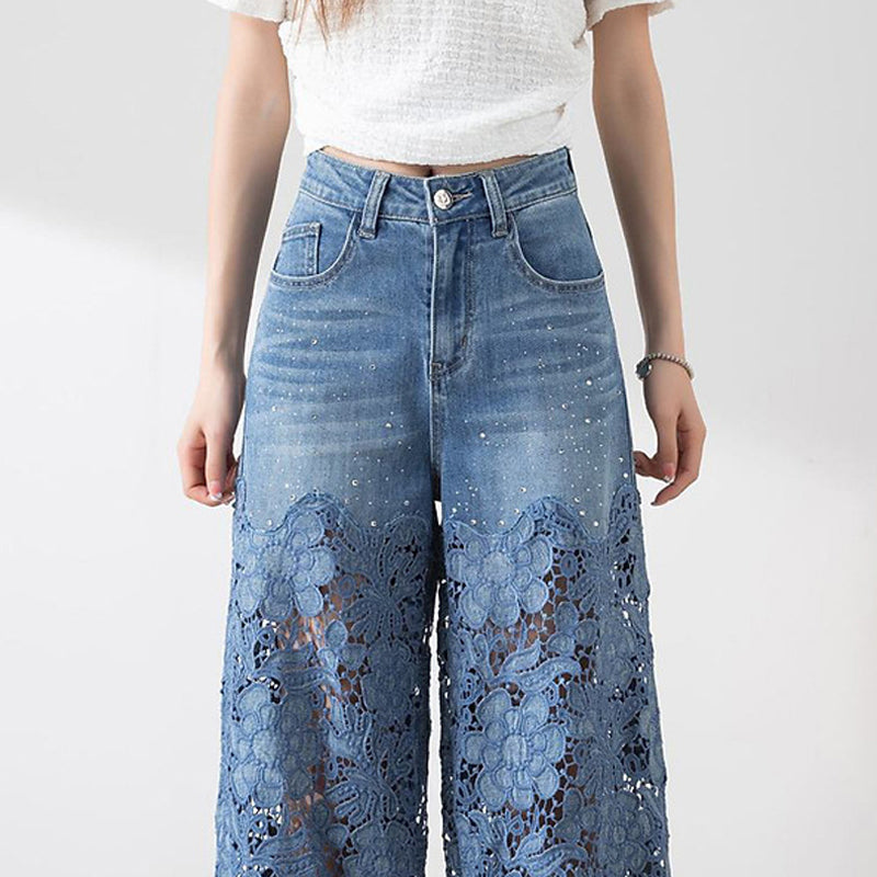 Women's High-Waisted Blue Denim Wide-Leg Pants