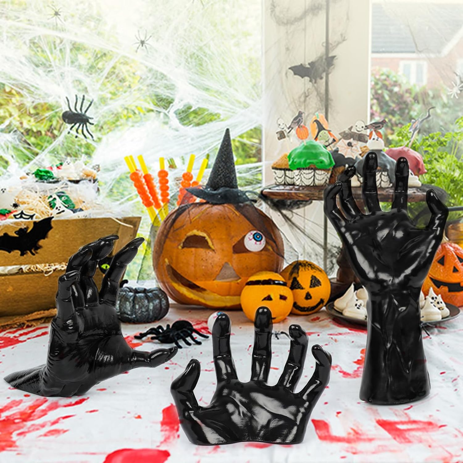 Life-Size Creepy Hands Wall Decor – 3-Piece Set with LED Candles for Gothic Halloween
