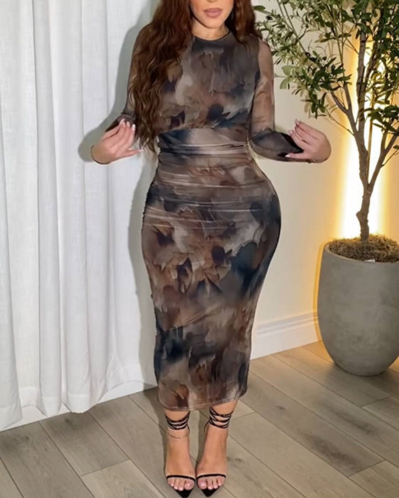Tie Dye Mesh Long Sleeve Bodycon Midi Dress