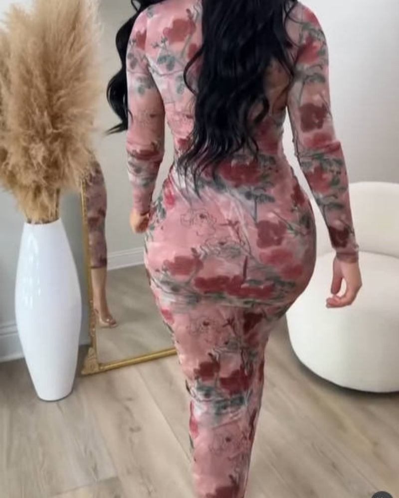 Tie Dye Mesh Long Sleeve Bodycon Midi Dress