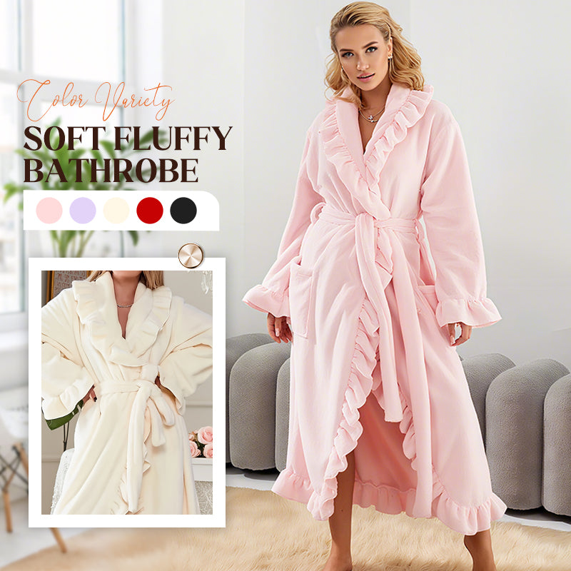 Women's Fleece Dressing Gown – Warm Winter Bathrobe with Long Sleeves, French Vintage Style, Fluffy Housecoat for Home