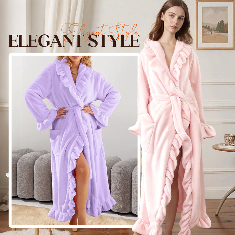 Women's Fleece Dressing Gown – Warm Winter Bathrobe with Long Sleeves, French Vintage Style, Fluffy Housecoat for Home