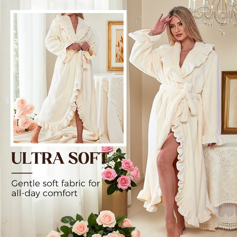 Women's Fleece Dressing Gown – Warm Winter Bathrobe with Long Sleeves, French Vintage Style, Fluffy Housecoat for Home