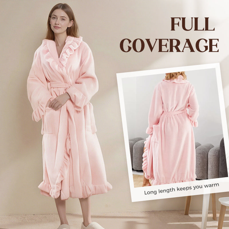 Women's Fleece Dressing Gown – Warm Winter Bathrobe with Long Sleeves, French Vintage Style, Fluffy Housecoat for Home