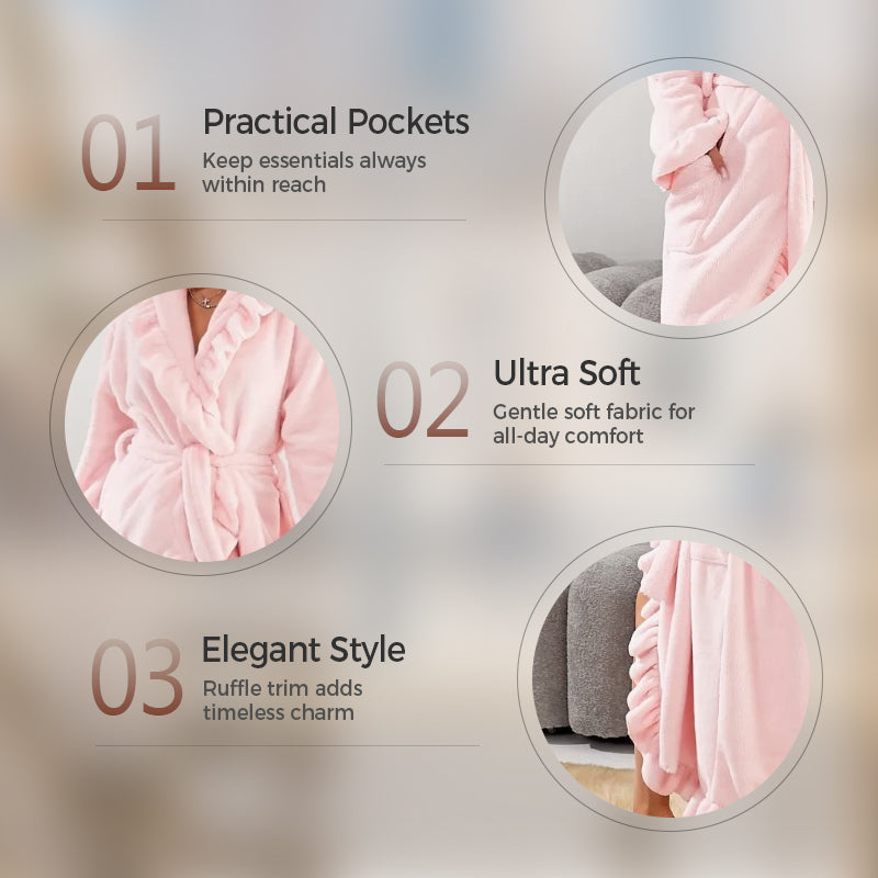Women's Fleece Dressing Gown – Warm Winter Bathrobe with Long Sleeves, French Vintage Style, Fluffy Housecoat for Home