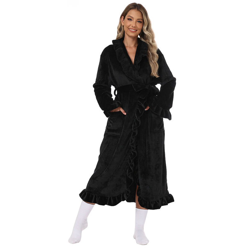 Women's Fleece Dressing Gown – Warm Winter Bathrobe with Long Sleeves, French Vintage Style, Fluffy Housecoat for Home