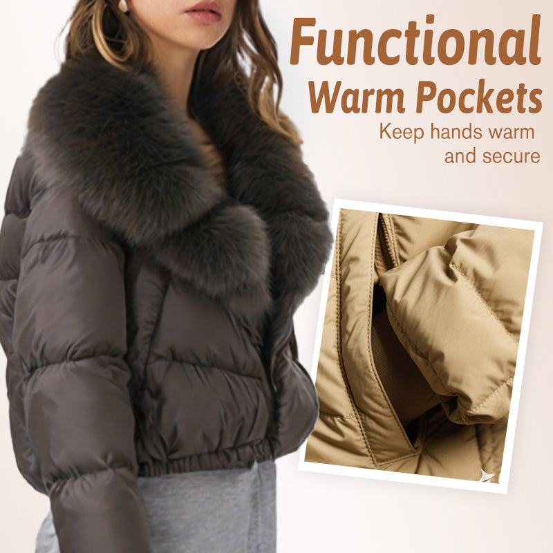 Women's short, fashionable and warm jacket with faux fur collar